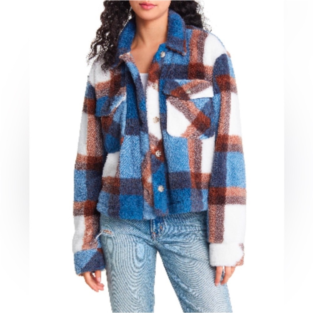 Thread & Supply Crop Fleece Shirt Jacket- Blue & Brown Plaid